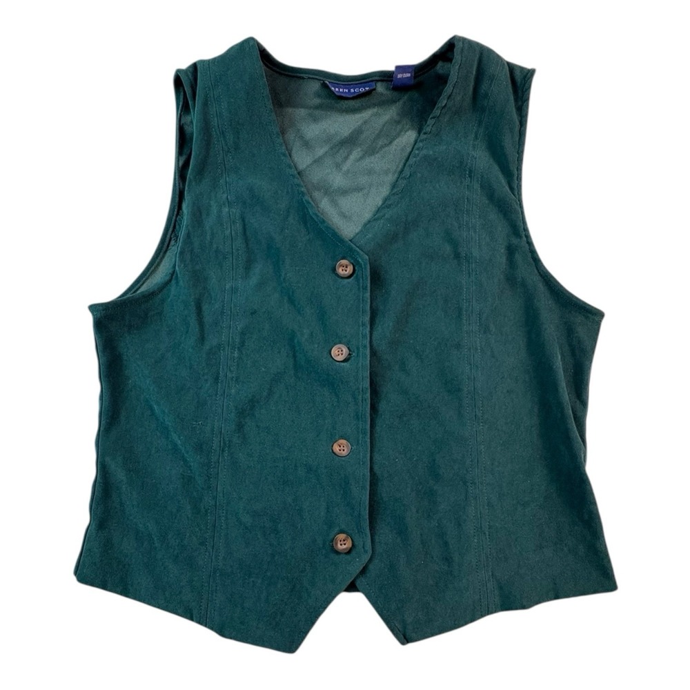 Karen‎ Scott Green Velour Button Vest Women's M Sleeveless Classic Fit